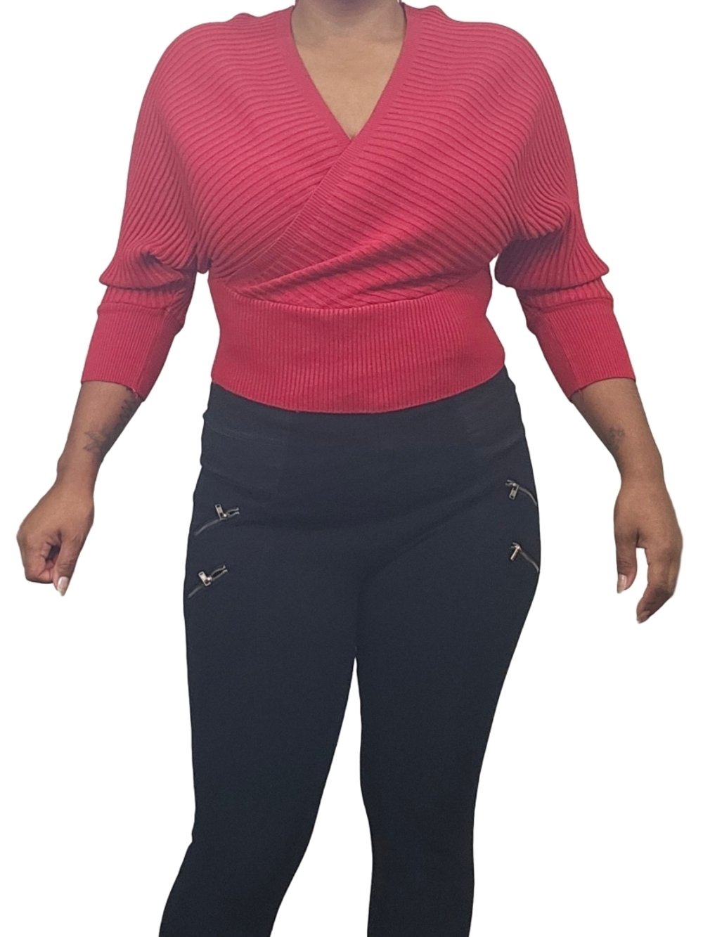 Ribbed Wrap V-Neck Sweater Top - Red